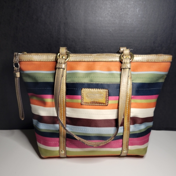 Coach Legacy Tote Bag Multicolor Striped Sateen Purse Leather Double Handles - Picture 1 of 16